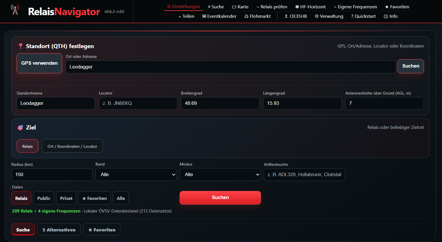 RelaisNavigator Einstellungen mit Standort, Suchradius, Band, Modus und Datenfilter