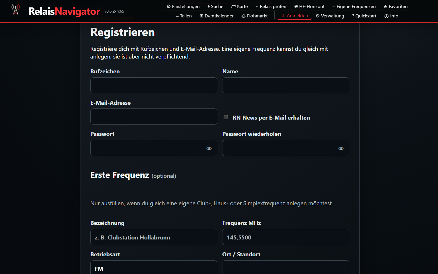Registrierung mit Rufzeichen und eigenen Frequenzen